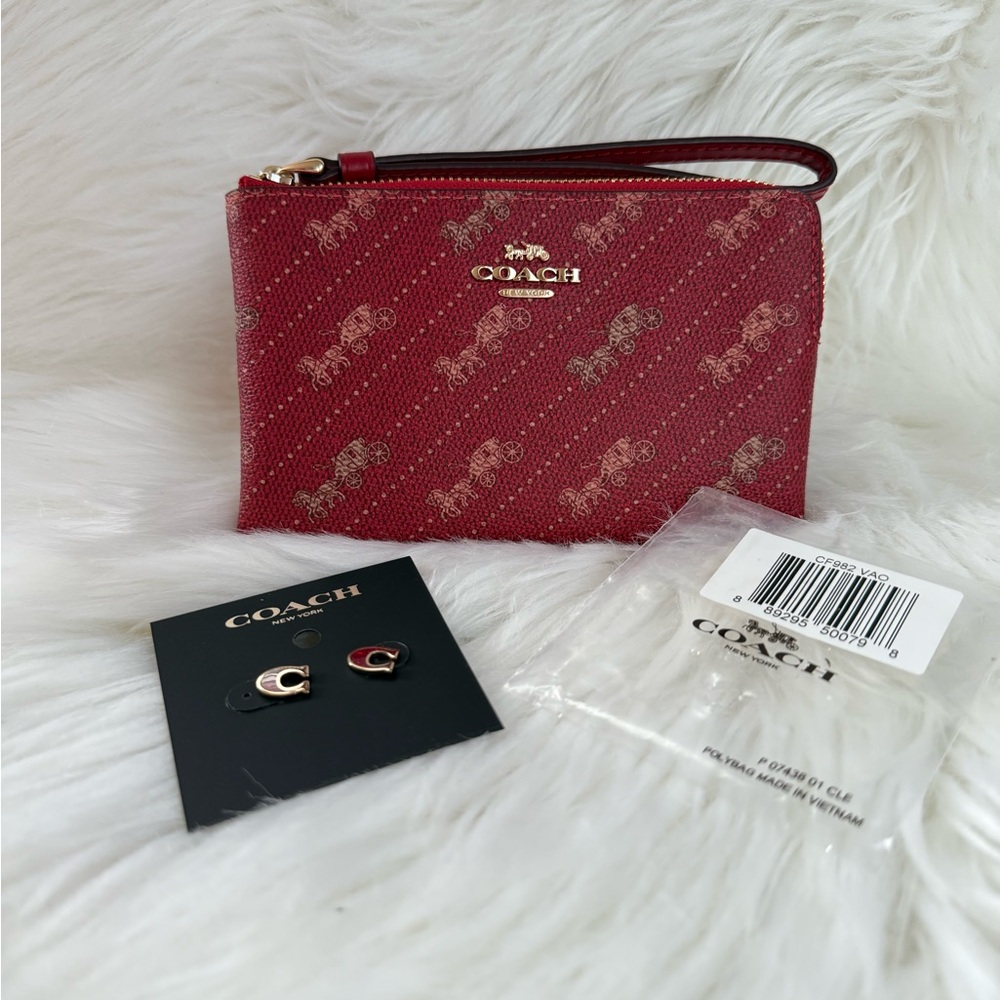 New Coach Corner Zip Wristlet With Horse And Carriage Dot Print & Coach Earrings